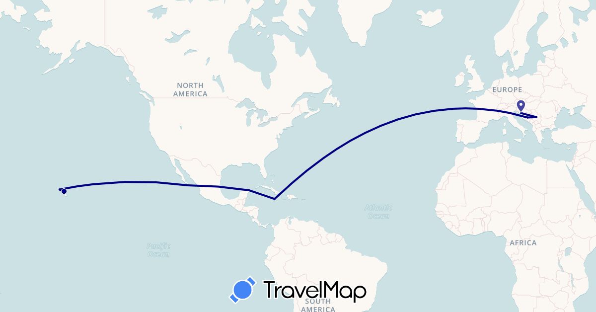 TravelMap itinerary: driving in Bosnia and Herzegovina, Croatia, Jamaica, Mexico, Serbia, United States (Europe, North America)